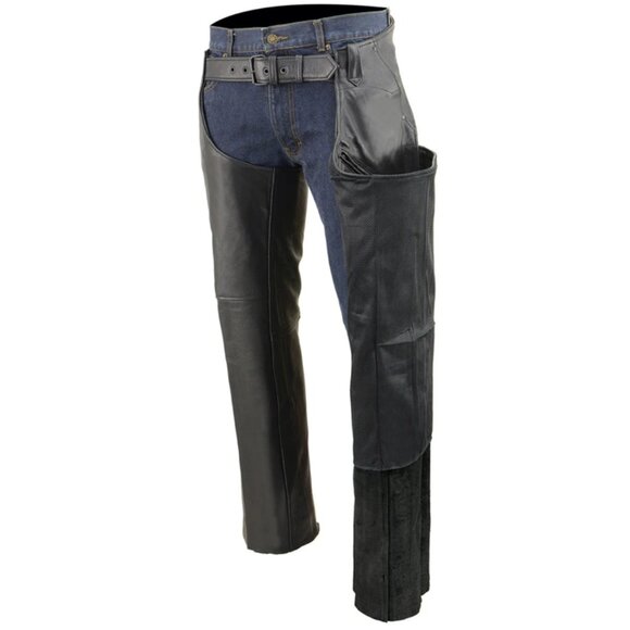 Unisex Black Premium Leather Motorcycle Rider Chaps w/ Front 3-Pockets-Size 2XS - Picture 3 of 5